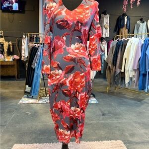 Joe & Elle Red and Gray Asymmetrical Sheath Dress with Dolman Sleeves